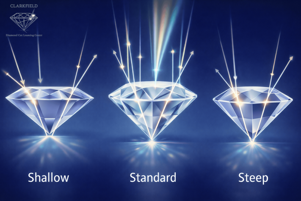 Shallow vs Ideal vs Deep Diamond Cut: How Cut Depth Affects Light Return Diamond cut comparison showing shallow cut, ideal cut, and deep cut diamonds with light ray paths illustrating light leakage and light return.