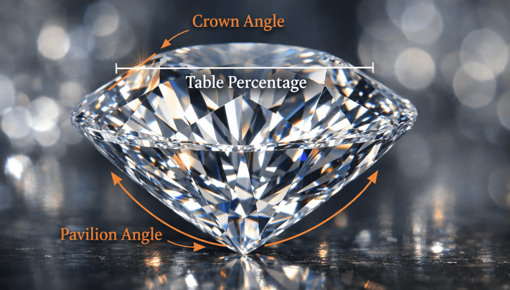Diamond proportions explained: crown angle pavilion angle and table percentage Diamond proportions showing crown angle pavilion angle and table percentage and how they control light return